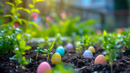 Colorful Easter eggs hidden in a vibrant gardenの素材