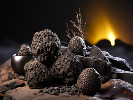 Mystical volcanic rocks and bowl under a sunsetの素材