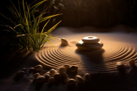 Zen garden with candle and stones at sunsetの素材