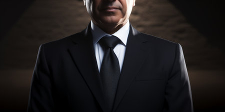 Confident businessman in a dark suit standing in dramatic lightingの素材