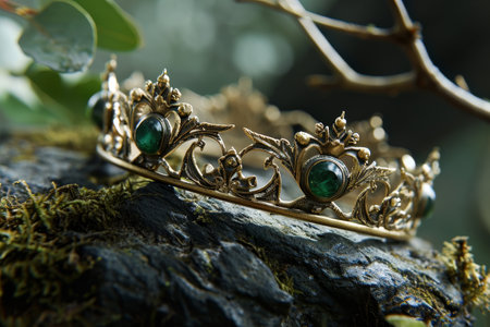 Elegant golden crown adorned with emeralds resting on a mossy rockの素材