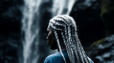 Contemplative Woman by a Waterfallの素材
