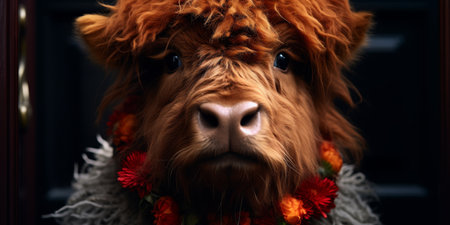 Highland Cow with Floral Garland Looking at Cameraの素材