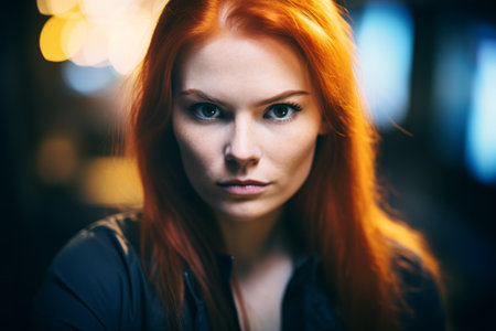 Intense gaze of a young woman with fiery red hairの素材