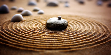 Zen garden sand pattern with stonesの素材