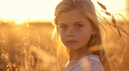 Young girl in a golden wheat field at sunsetの素材