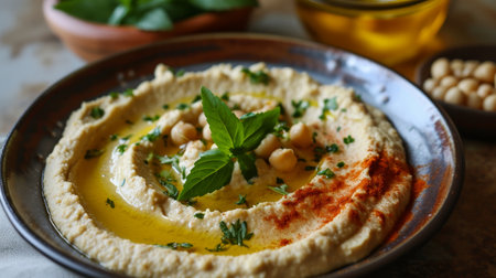 Fresh Homemade Hummus Garnished with Chickpeas, Olive Oil, and Herbsの素材