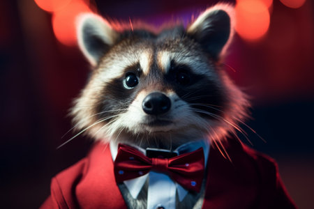 Elegant raccoon in a red suit and bow tie under dramatic lightingの素材