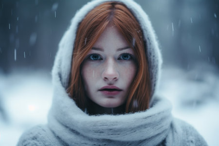 Young woman with red hair wearing a white scarf in snowy weatherの素材