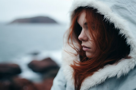 Thoughtful woman in winter coat by the seaの素材