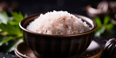Bowl of Himalayan Pink Salt on Dark Backgroundの素材