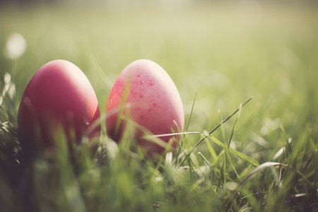 Colorful Easter eggs hidden in fresh spring grassの素材