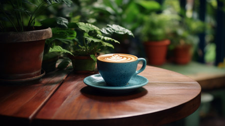 Artistic Latte in a Stylish Blue Cup on a Wooden Tableの素材