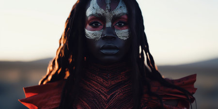 Portrait of a woman with artistic tribal makeup in a natural setting at duskの素材