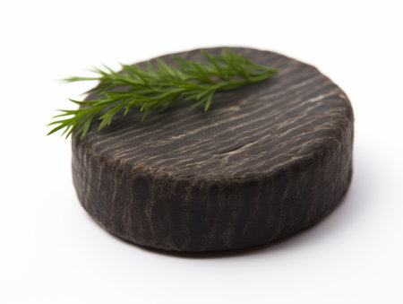 Round wooden coaster with a sprig of dill on a white backgroundの素材