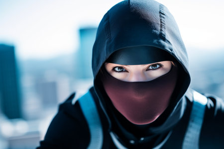 Mysterious person in a ninja outfit looking intentlyの素材