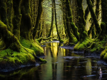 Enchanted Forest Stream Surrounded by Moss-Covered Treesの素材