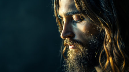 Serene bearded man with contemplative expression in dramatic lightingの素材