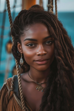 Confident young woman with braided hair on a ship deckの素材