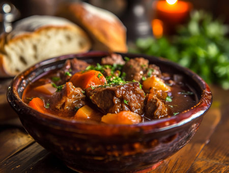 Delicious homemade beef stew in a rustic bowlの素材