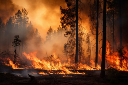 Intense wildfire burning through a forest at duskの素材