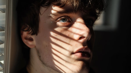 Young man with shadows on his face looking thoughtfully through a windowの素材