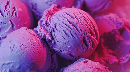 Colorful scoops of ice cream under vibrant lightingの素材