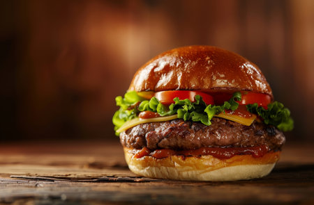 Juicy grilled burger with fresh toppings on a rustic wooden tableの素材