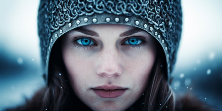 Portrait of a Woman with Striking Blue Eyes in Winterの素材