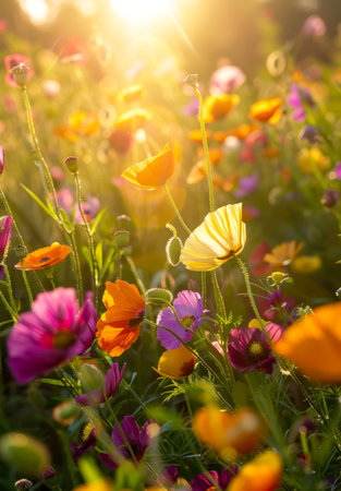 Sunlit Colorful Wildflowers at Sunsetの素材