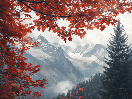 Autumn Leaves Framing Snowy Mountain Peaksの素材
