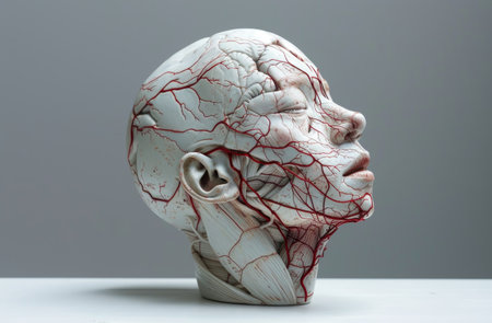 Artistic sculpture of a human head with intricate red vein patternsの素材