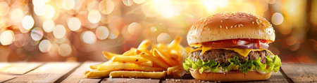 Delicious burger and fries on a wooden table with warm bokeh lightsの素材