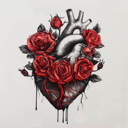 Illustration of a human heart entwined with red rosesの素材