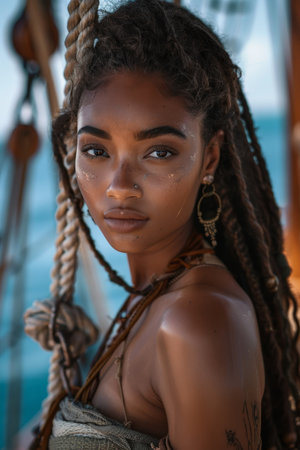 Young woman with braided hair on a sailboatの素材