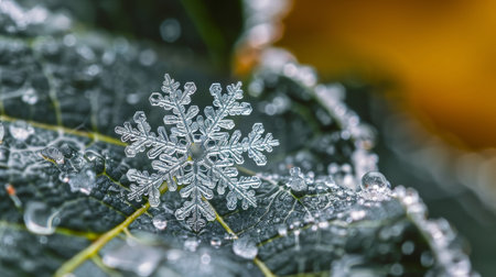 Exquisite snowflake crystal on a leaf with dew dropsの素材