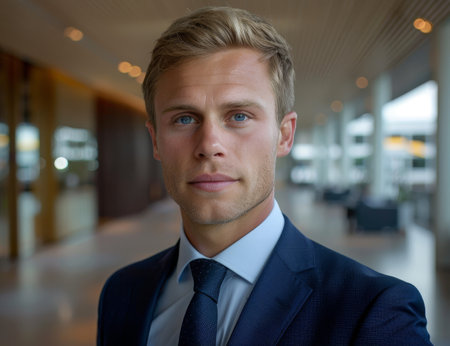 Confident young businessman in a modern officeの素材