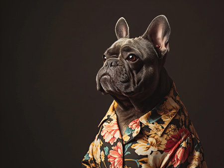Stylish French Bulldog in a Floral Shirt Posing Elegantlyの素材
