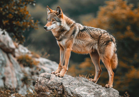Majestic Wolf Standing on a Rocky Outcrop Overlooking the Forestの素材
