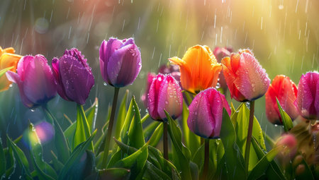 Vibrant Tulips Glistening Under Rainfall with Sunlightの素材