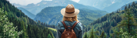 Woman enjoying scenic mountain viewの素材