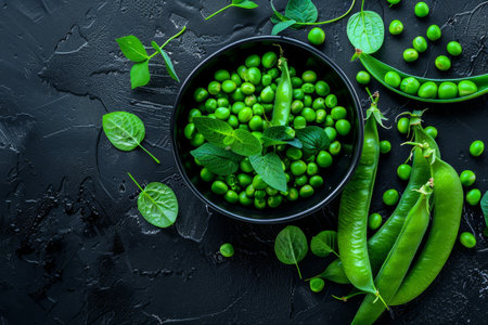 Fresh green peas in a bowl surrounded by pods and leaves on a dark backgroundの素材