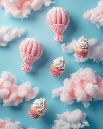 Dreamy Sky with Hot Air Balloons and Floating Cupcakesの素材