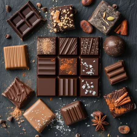 Assorted gourmet chocolates on a dark slate backgroundの素材