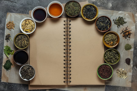 Variety of teas and tea leaves displayed around an open notebookの素材