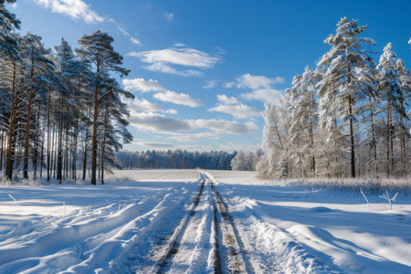 Snow-covered forest road under a clear blue skyの素材