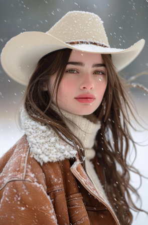 Young woman in a cowboy hat braving a snowy dayの素材
