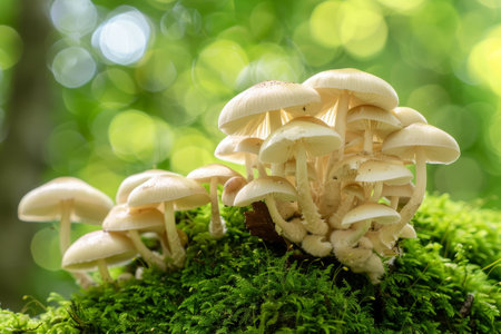 Cluster of Mushrooms Thriving on a Mossy Log in a Lush Forestの素材