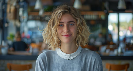 Young woman smiling in a casual restaurant settingの素材