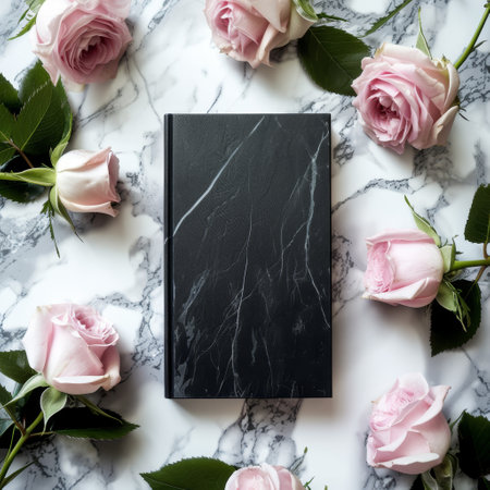 Elegant black notebook surrounded by pink roses on a marble surfaceの素材